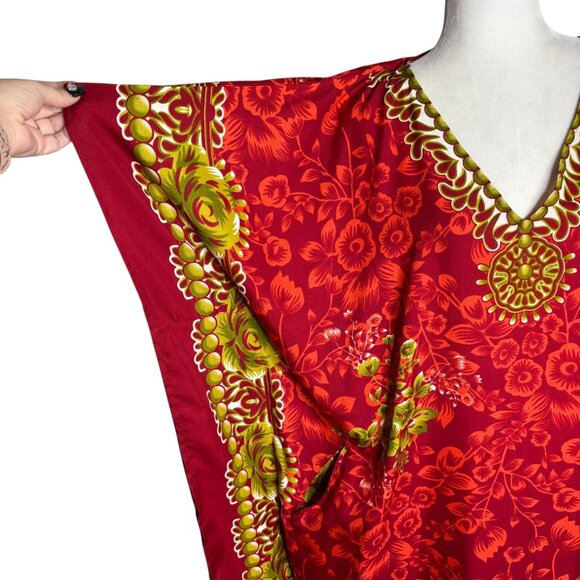 Miss Lavish London Floral Kaftan Maxi Dress One Size Red Pockets V Neck Resort - Picture 6 of 7